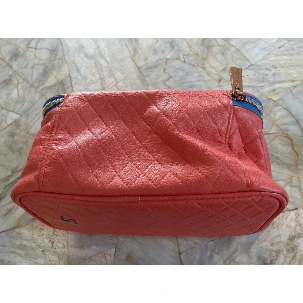 Sephora Quilted Makeup Bag Coral Pink Blue Trim Zippered Travel Train Case